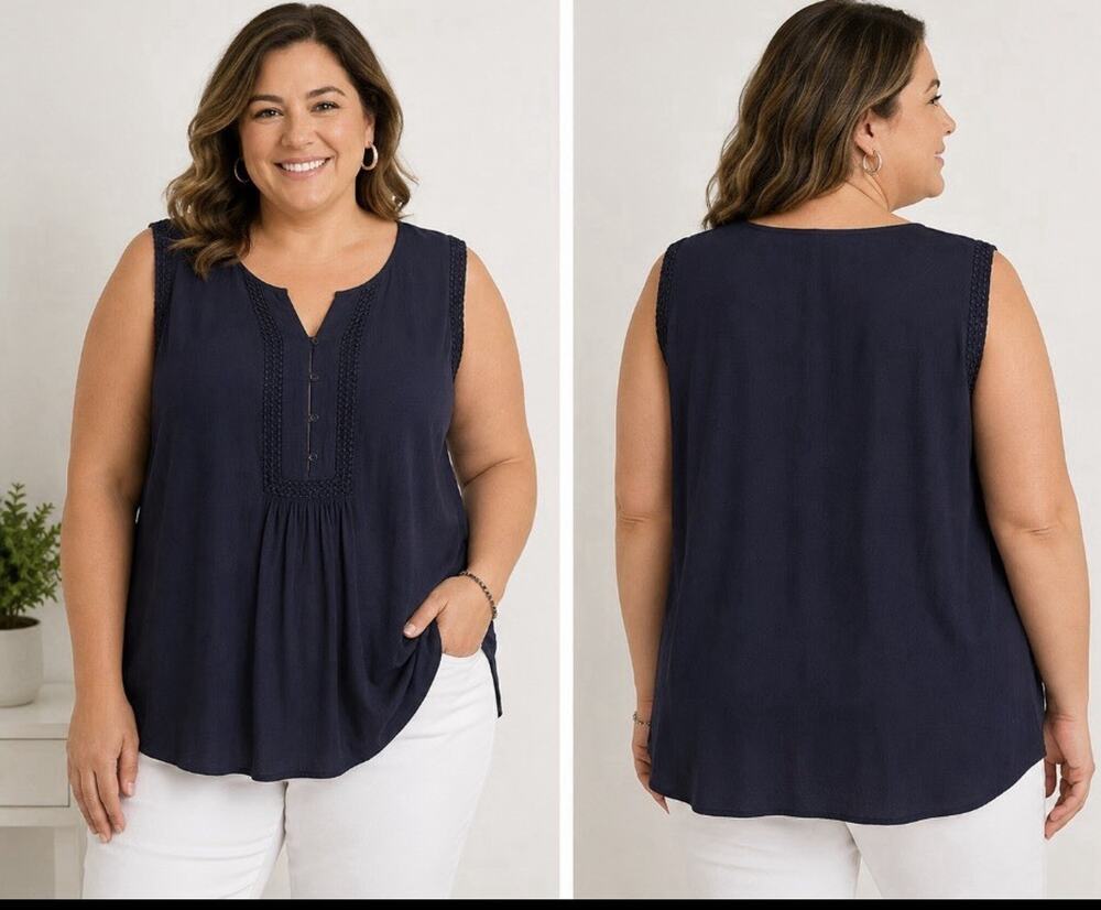 Talbots Women Plus Size 2X Navy Blue Sleeveless V-Neck Blouse Rayon